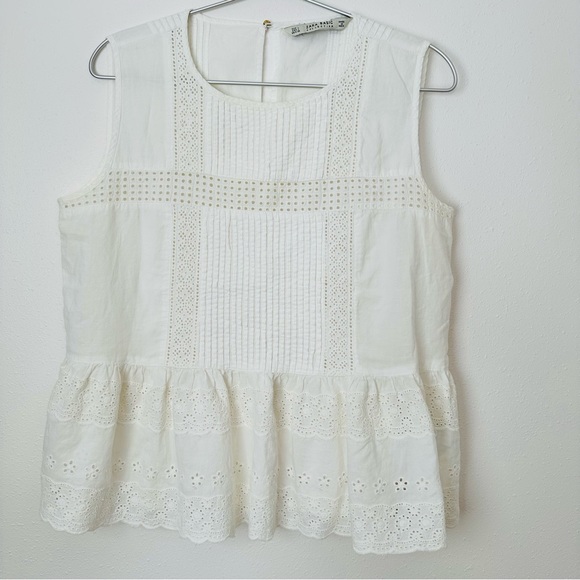 Zara Lace Crew Neck Tank Top Blouse Crochet Boho sleeveless Eyelet - Picture 5 of 6